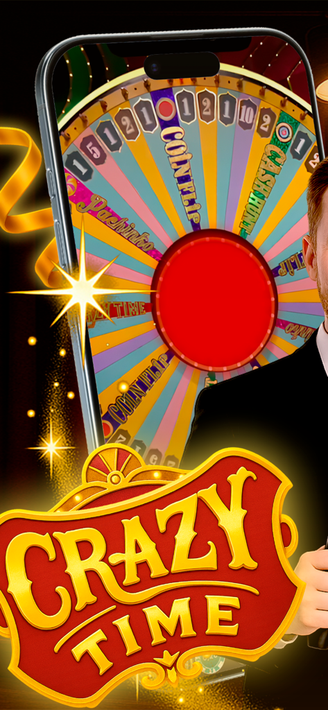 Crazy time:Crazy Mind Boost - カラフルな回転ホイールとCrazy Timeのロゴがスマートフォン画面に表示されています