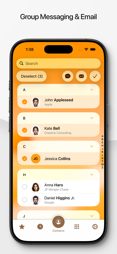 Interface for selecting multiple contacts to send group messages or emails