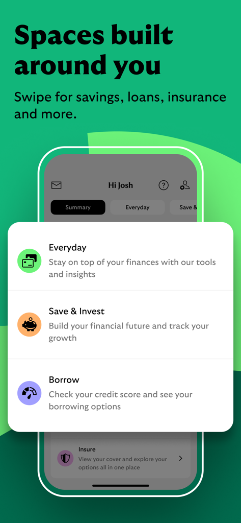 Lloyds Mobile Banking - Capture d'écran de l'application Lloyds Mobile Banking montrant des espaces financiers personnalisés pour les opérations bancaires courantes, l'épargne, les emprunts et les assurances