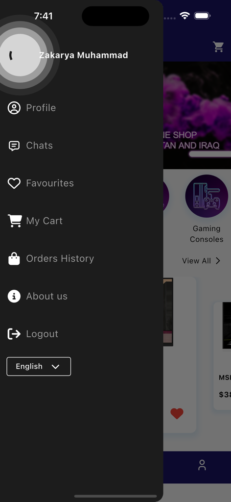 Darin Game - Side navigation menu of the Darin Game app showing profile, chats, favourites, and shopping cart options.