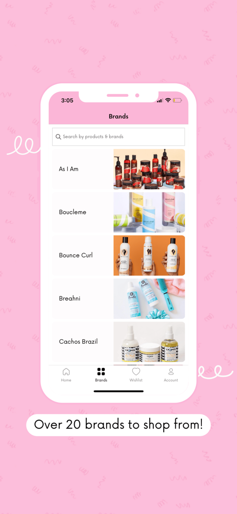 Shop Curls - Shop Curls mobile app interface showing a list of hair care brands including As I Am and Bounce Curl