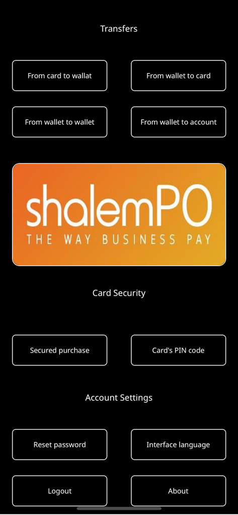 Pai-Pay - Screenshot of the Pai-Pay app interface showing money transfer options, card security settings, and account management