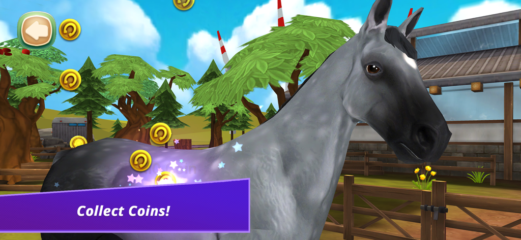 ホースホテルプレミアムで、金色のコインを集めるために放牧地にいる灰色のまだらな馬