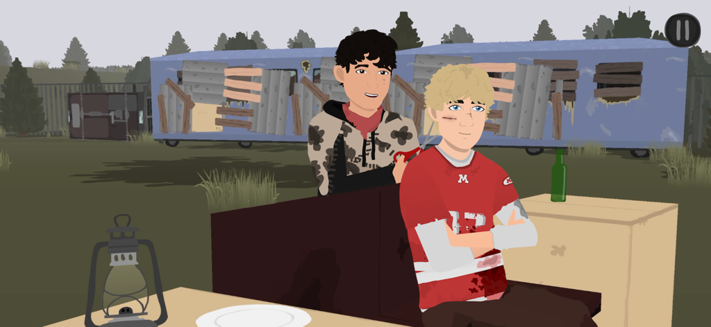 ゲーム「Nocturnals」のRuddlesideの終末世界タウンで、髪を切っているテッドとディエゴの絆