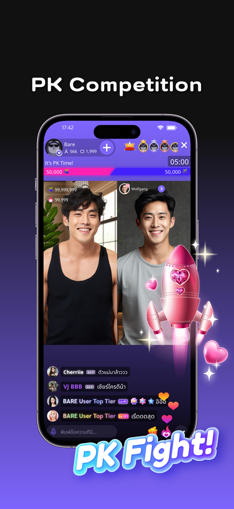 Bare Live app interface showing a PK competition between two male creators with live chat and rocket gift animations