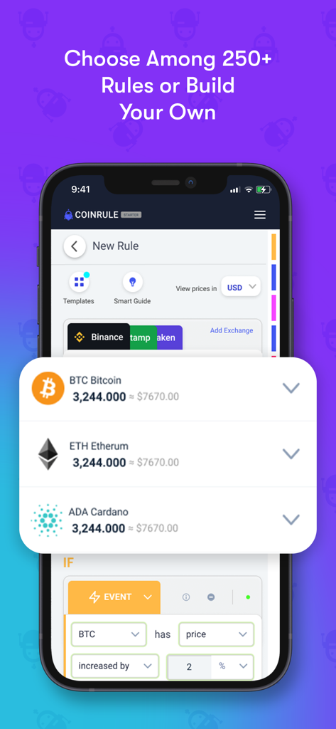 Coinrule Crypto Trading Bot - Interfaz de la aplicación móvil Coinrule para crear estrategias de trading automatizadas en múltiples exchanges