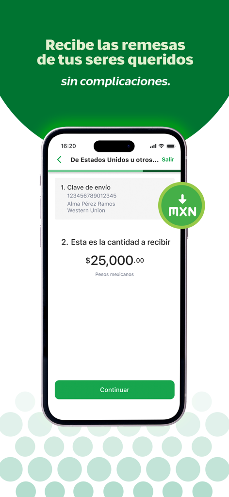 Interface de l'application Banco Azteca pour la réception de virements en pesos mexicains