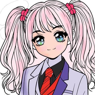 realistic girl with two ponytails and a suit on