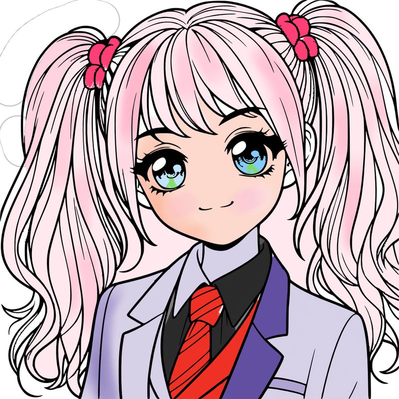 realistic girl with two ponytails and a suit on