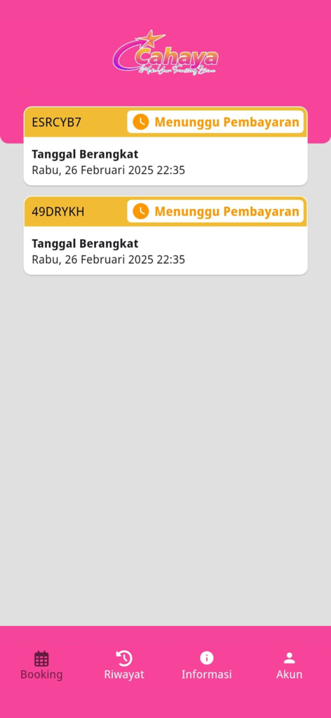Cahaya Shuttle - Cahaya Shuttle app interface showing a list of shuttle bookings with status waiting for payment