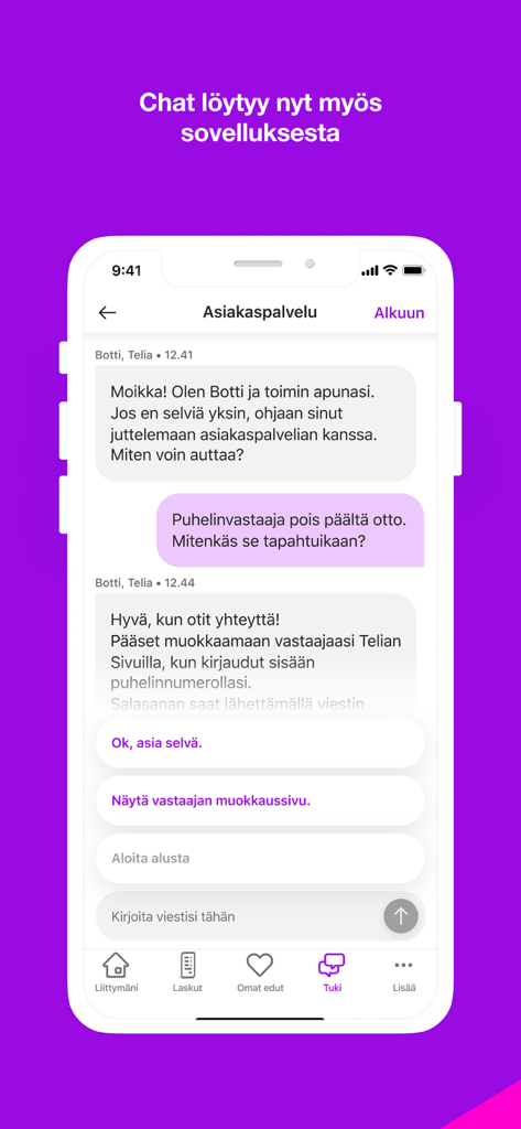 Minun Telia app interface showing a customer service chat with a virtual assistant bot