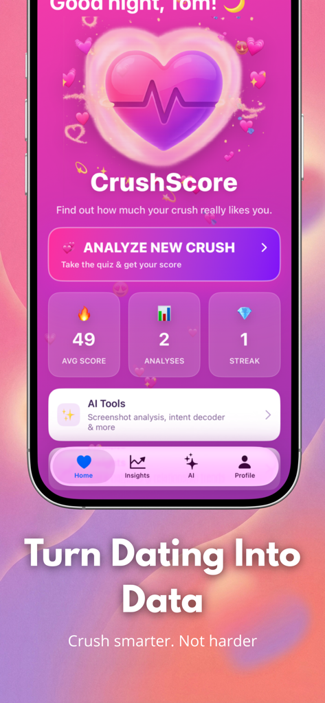 CrushScore: AI Love Calculator - CrushScore app home screen showing dating analytics and AI analysis tools