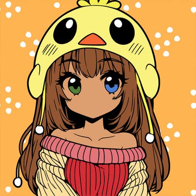 anime girl with chick shaped hat with sweater with bare shoulders with bangs covering them one eye with low tail
