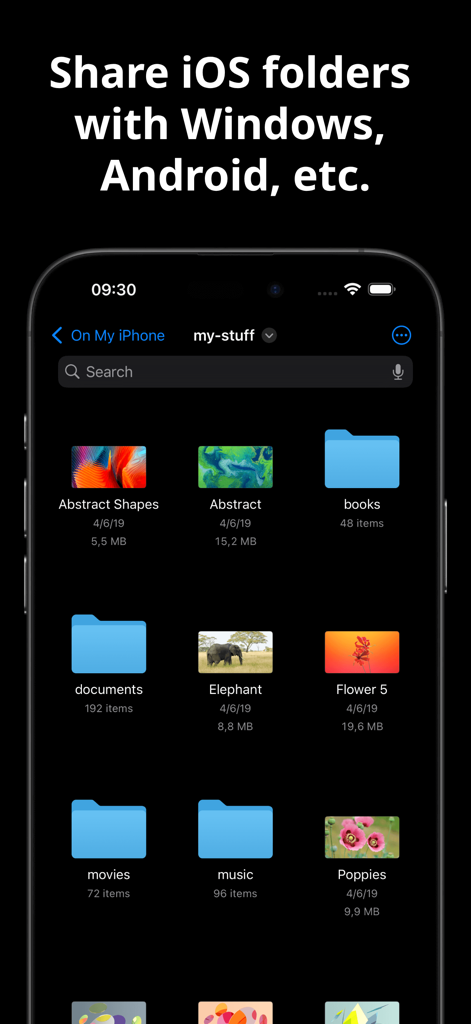 PocketServer: Folder Sharing - Screenshot of PocketServer app interface showing a list of iOS folders and files ready for cross-platform sharing with Windows and Android devices.
