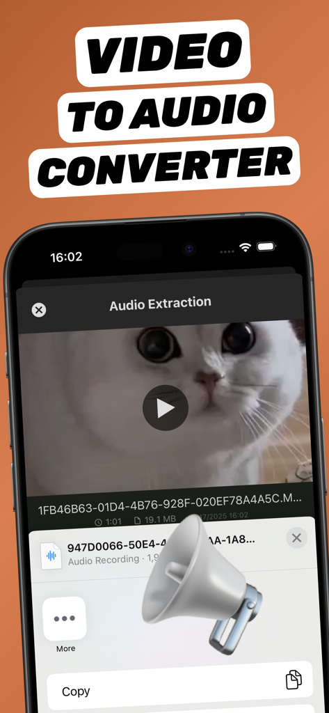 Interface de smartphone mostrando um processo de conversão de vídeo para áudio com um vídeo de gato sendo extraído.