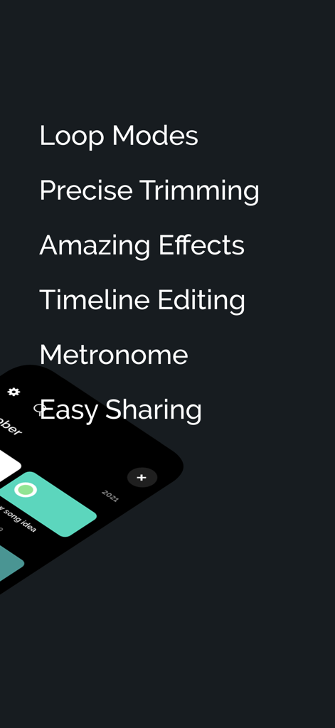 A list of Jam Looper app features including loop modes precise trimming and timeline editing