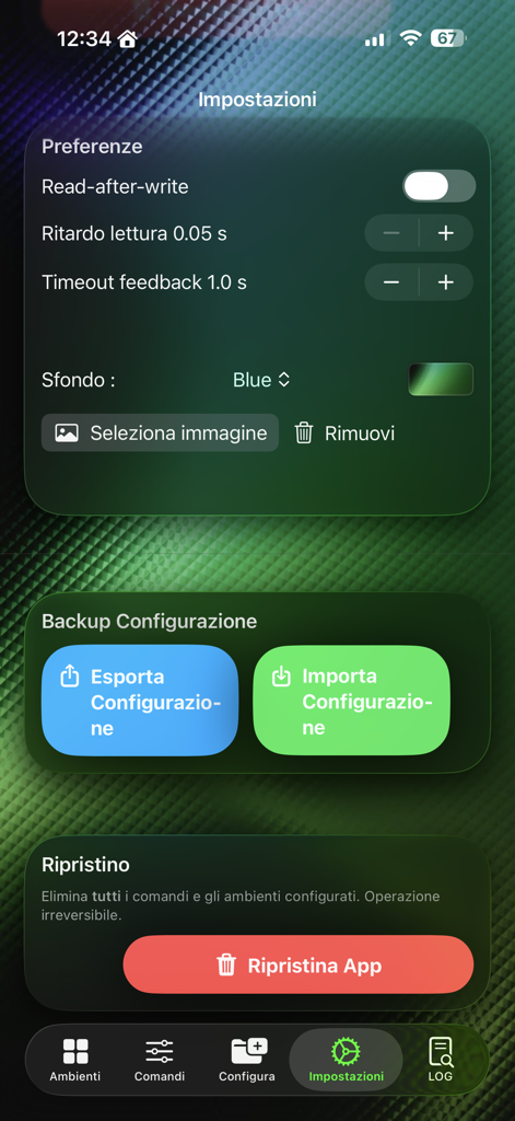 KNX Pro Tester - Einstellungsmenü der KNX Pro Tester App mit Präferenzen und Optionen zur Sicherung der Konfiguration