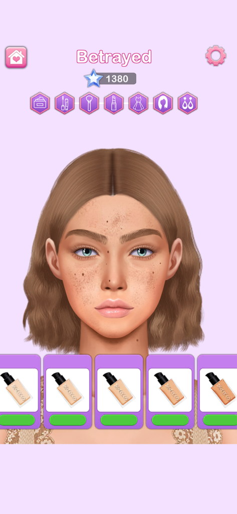 Makeover Artist: Makeup games - Gameplay screenshot of Makeover Artist showing a model with skin blemishes and a selection of foundation shades to apply