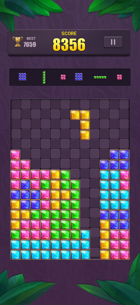 Block Puzzle: Jewel Blast - Gameplay screen of Block Puzzle Jewel Blast showing colorful jewel blocks on an 8 by 8 grid with a high score