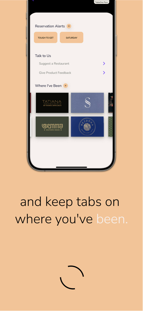 TableOne Reservations app interface displaying reservation alerts and a history of visited restaurants