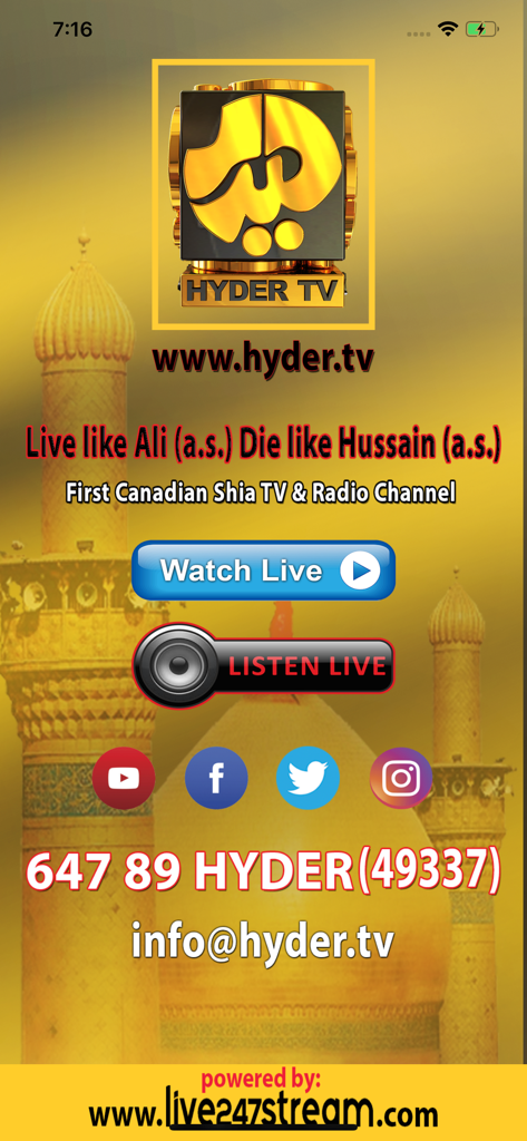 Hyder TV - Home screen of Hyder TV app featuring buttons to watch live TV and listen to live radio for the Canadian Shia community