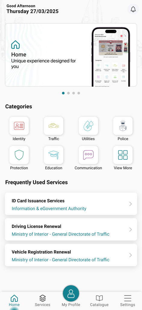 MyGov - Bahrain - 정부 서비스 카테고리와 ID 카드 발급 및 면허 갱신과 같은 자주 사용되는 작업을 표시하는 MyGov 바레인 앱의 홈 화면