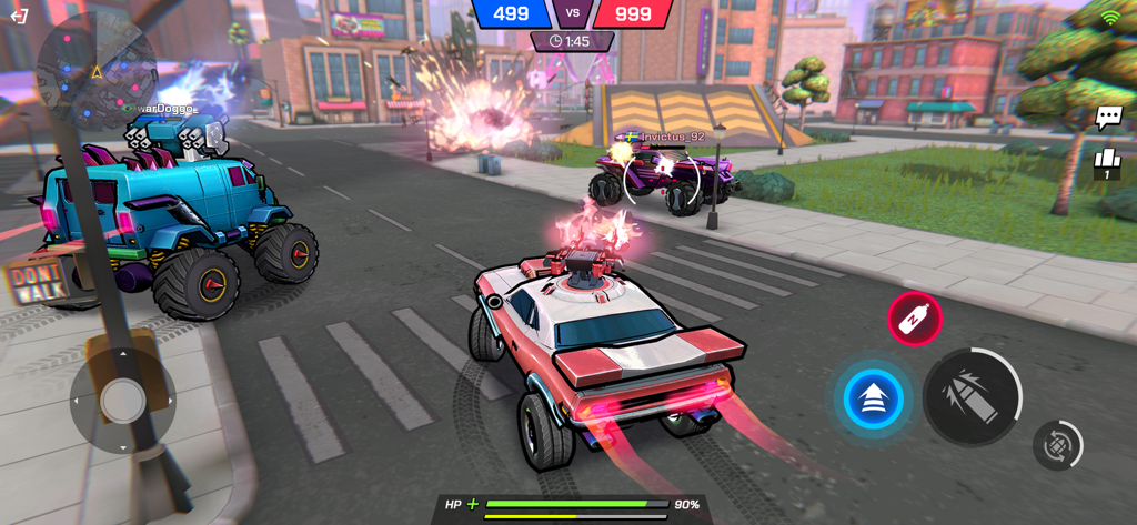 Battle Cars: Nitro PvP Shooter - Vehicular combat gameplay in a cyberpunk city with neon lighting and customized battle cars