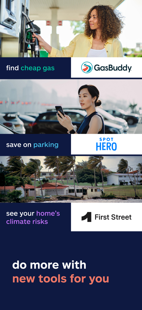 Allstate Mobile app interface showing integrated tools for gas savings parking and climate risk