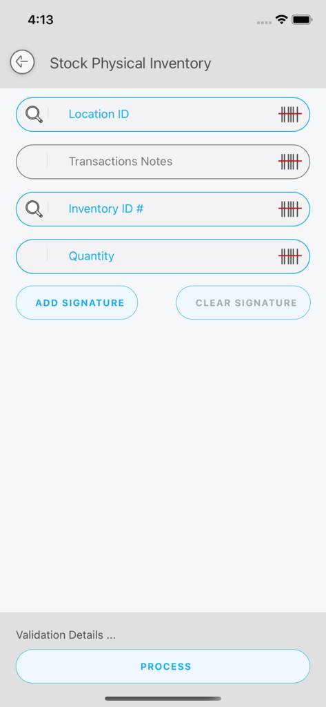 The Stock Physical Inventory interface of the BarCloud app displaying input fields for Location ID, Inventory ID, and Quantity with barcode scanning and signature options.