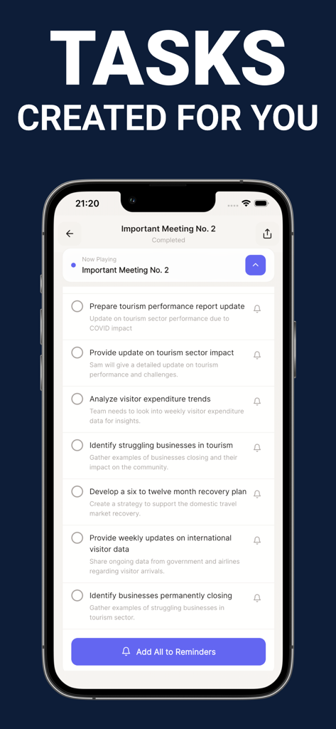 Meeting Minutes: Focus AI - AI-generated task list from a meeting transcript in the Focus AI app
