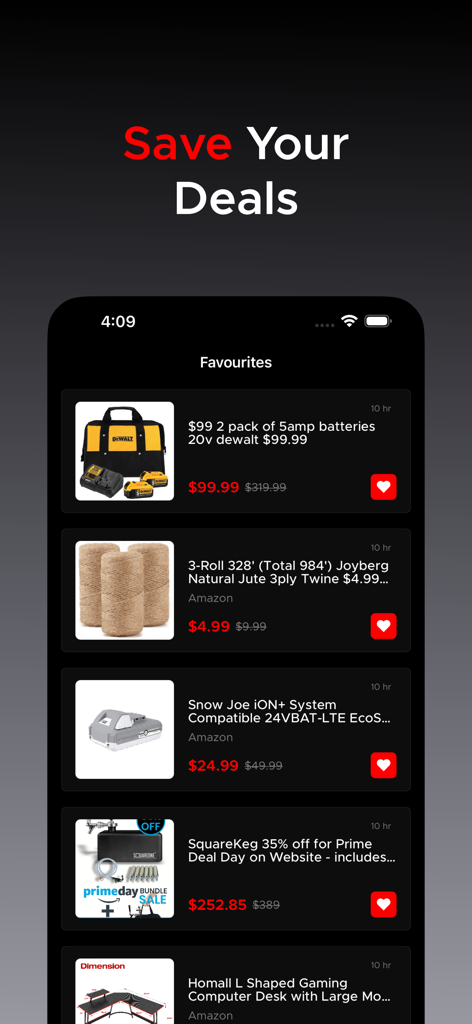 Uma interface de aplicativo móvel exibindo uma lista de ofertas de compras salvas com ícones de coração vermelho e preços com desconto