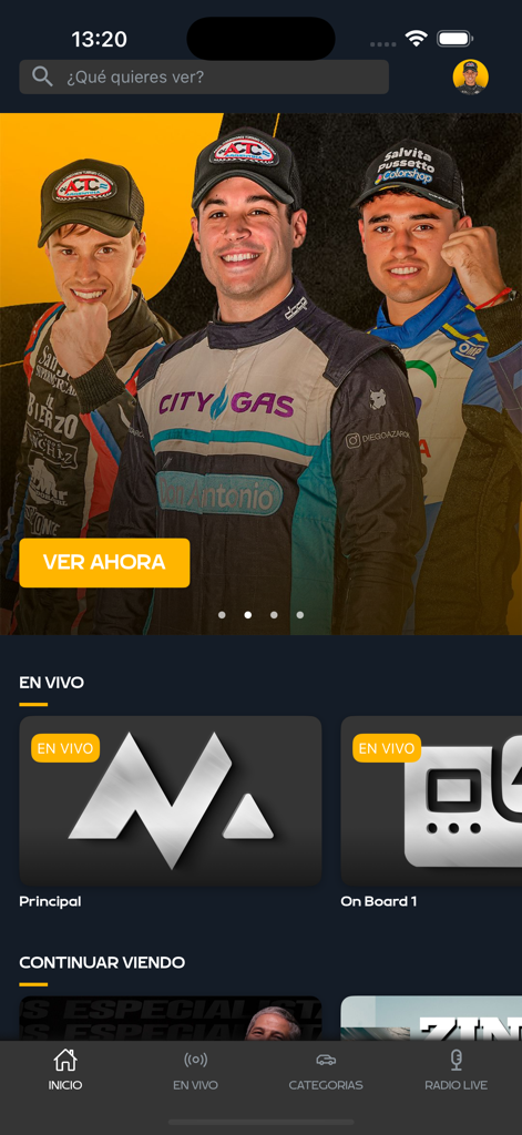 MotorPlay - Interface of the MotorPlay app featuring live racing events and featured drivers