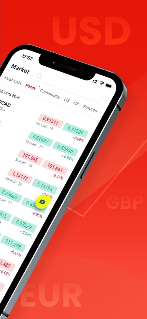 D Prime: Online Forex Trading - Mobile interface of the D Prime trading app showing real-time forex market rates and spreads