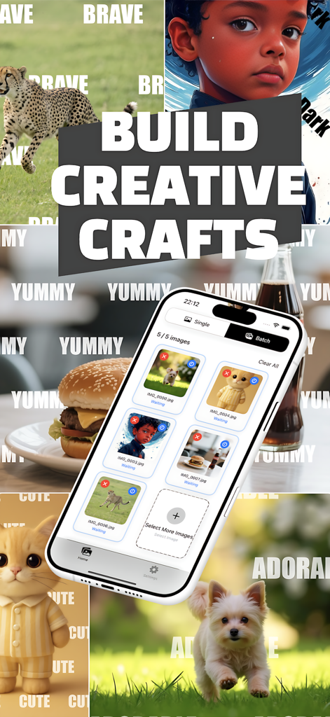 AIウォーターマーク写真アプリの一括処理画面を表示するiPhone。動物や食べ物のさまざまなウォーターマーク付き画像が表示されています。