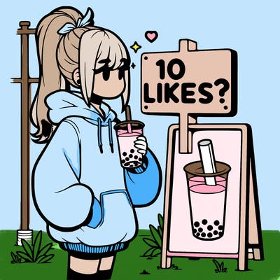 girl with oversized hoodie drinking boba and she has a high ponytail with a sign that says 10likes?