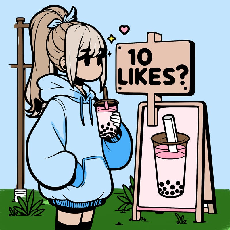 girl with oversized hoodie drinking boba and she has a high ponytail with a sign that says 10likes?