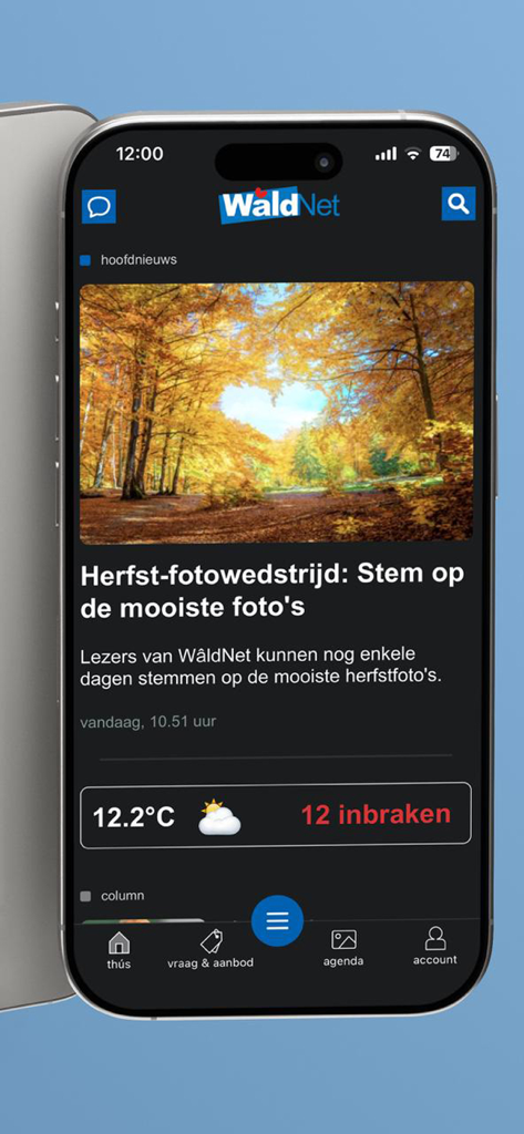 WâldNet - WaldNet mobile app displaying a local news article about a photography contest and weather in Friesland
