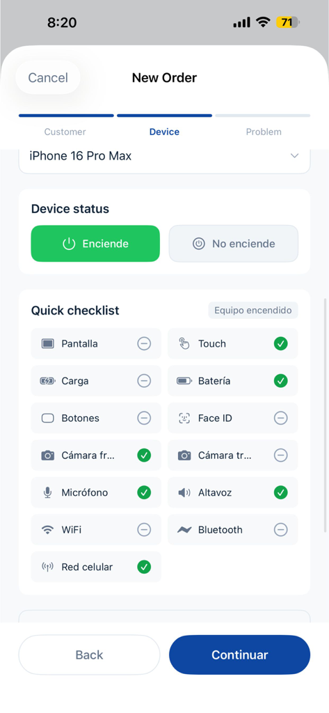 axer - A mobile screen showing a device diagnostic checklist for a new repair order in the Axer app