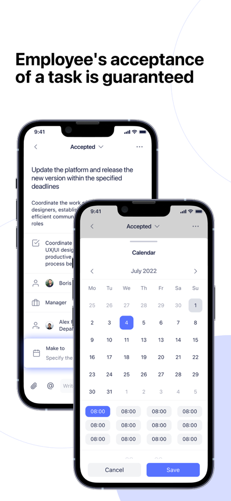 Pantallas de la aplicación Business Booster Platform que muestran la aceptación de tareas y un calendario para la programación del trabajo.