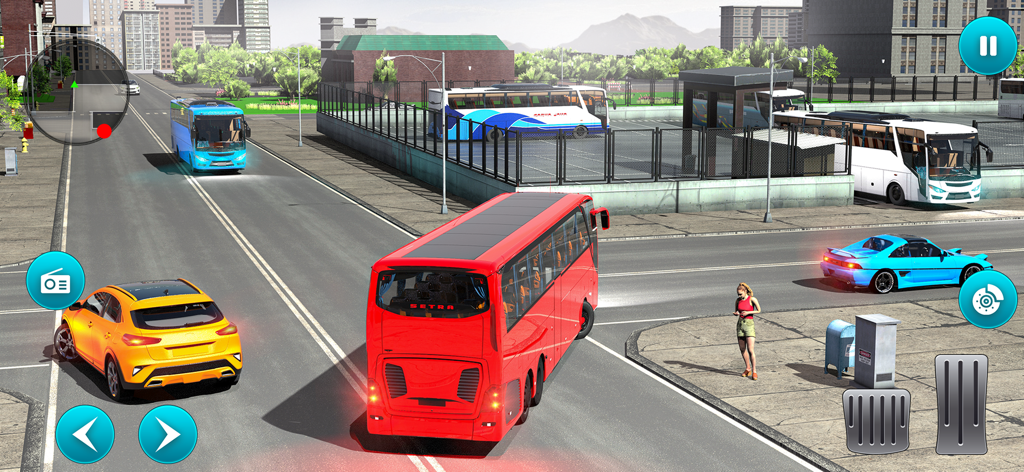 World Tour Bus Simulator 2024 - Red tour bus driving through a city intersection