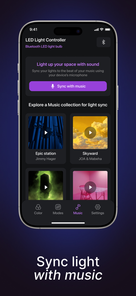 Interface of the LED light controller app showing the music synchronization feature for smart lights