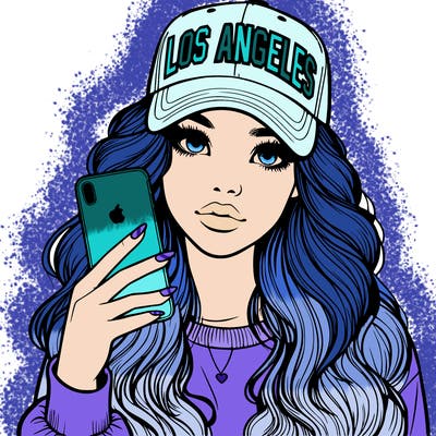 realistic beautiful girl wearing los ángeles cap holding an iphone