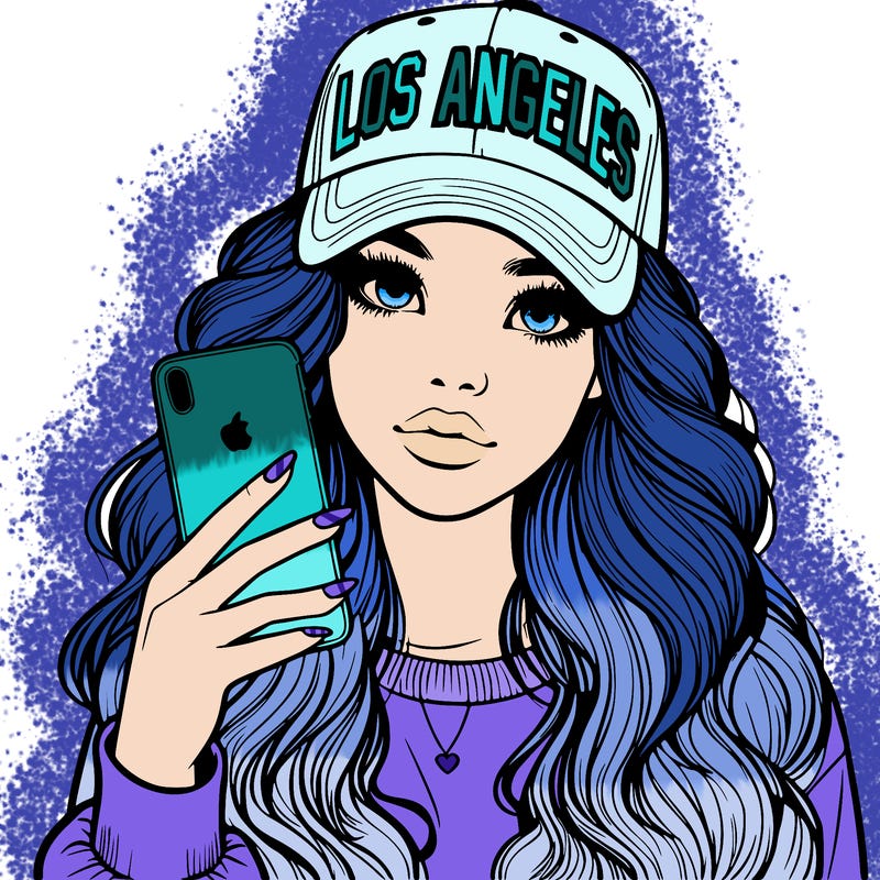 realistic beautiful girl wearing los ángeles cap holding an iphone