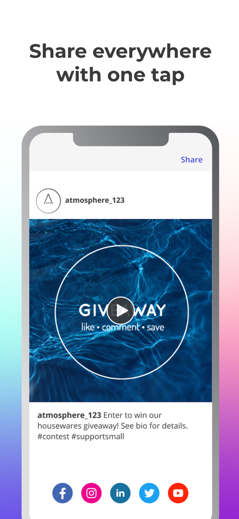 A smartphone showing the Ripl app interface with a social media giveaway post and icons for Facebook Instagram LinkedIn Twitter and YouTube for multi-platform sharing