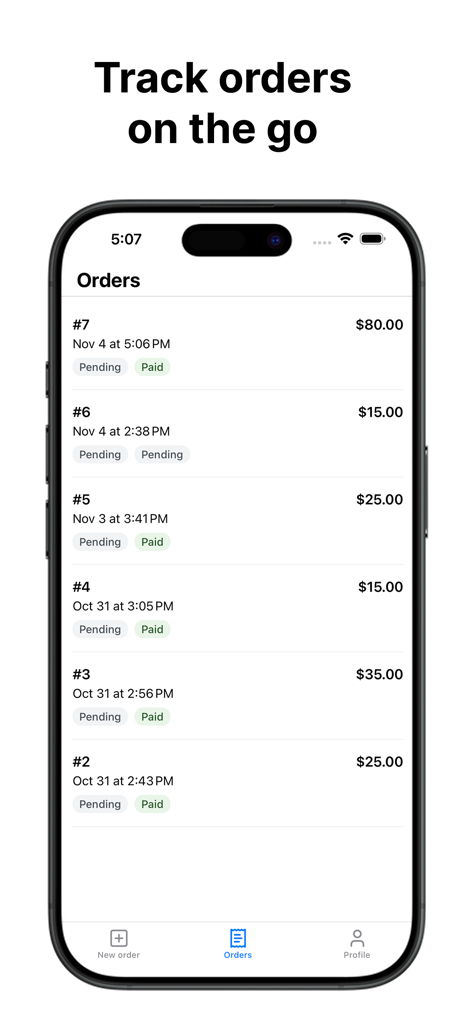 Mobile screen showing a list of business orders with payment and fulfillment status