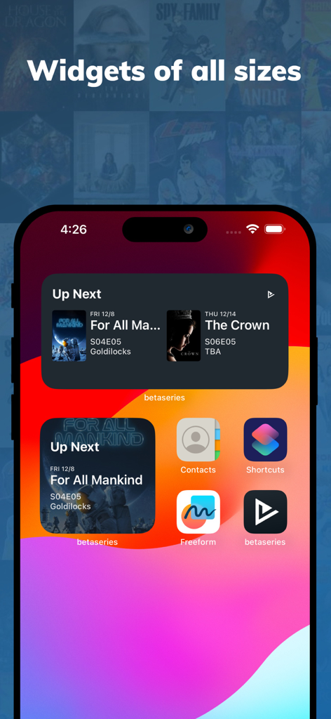 BetaSeries - TV Shows & Movies - BetaSeries iOS widgets on a home screen showing upcoming TV show episodes