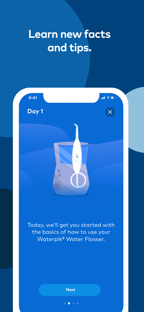 Waterpik™ Water Flossing - Waterpik app screen for day one onboarding showing an illustration of a water flosser and introductory text for beginners.