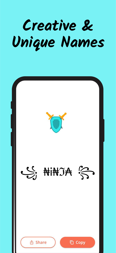 A mobile app screen showing a creative and unique nickname generator interface