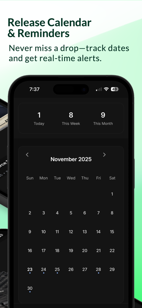 Sneaker release calendar and drop reminders in the SoleInsider app showing upcoming launch dates