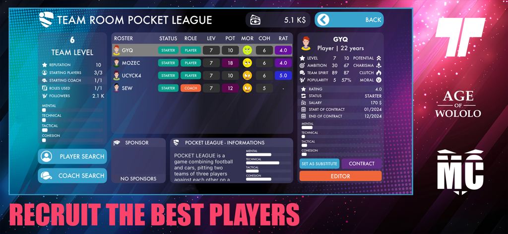 Team roster and player statistics management screen in the eSports Master game interface.